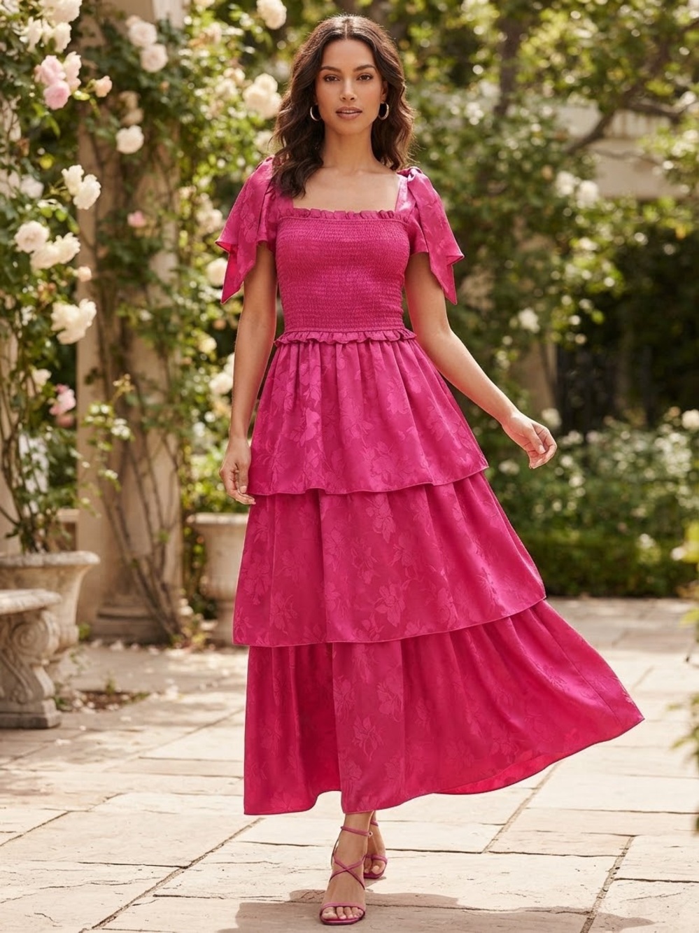 IVY CITY CO. Fuchsia Tie-Shoulder Smocked Tiered Maxi Dress Size Small